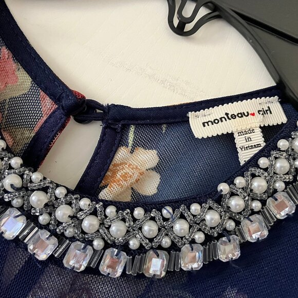 Monteau Girl Navy Blue  Rose Floral Dress Girls XL 14 - Picture 6 of 9